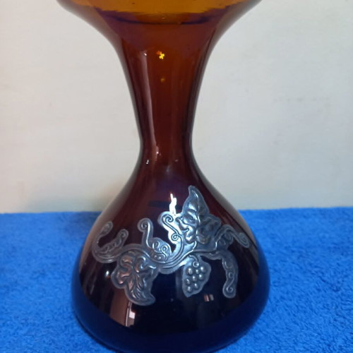 Bordeaux Glass Carafe handmade, used with silver floral design