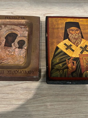 Set of 2 icons Saint Nektarios of Aegina and Panagia Faneromeni of Chiliomodi used
