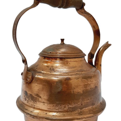 Vintage copper teapot used, 1980s, wooden handle