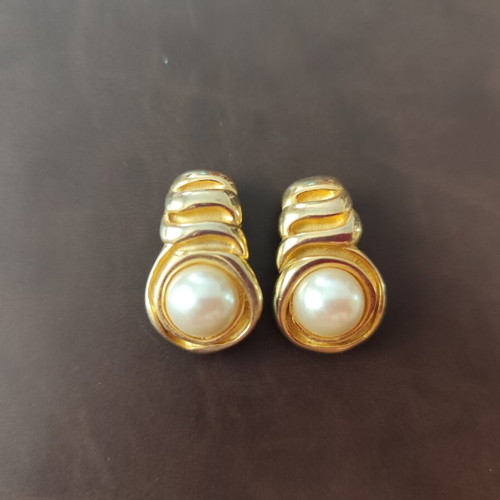 1990s earrings used with pearl-style stone, white and gold tone