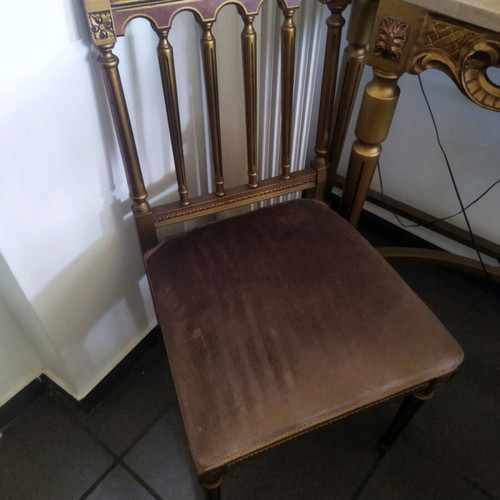 Console set with mirror and 2 small chairs made of gilded wood like new