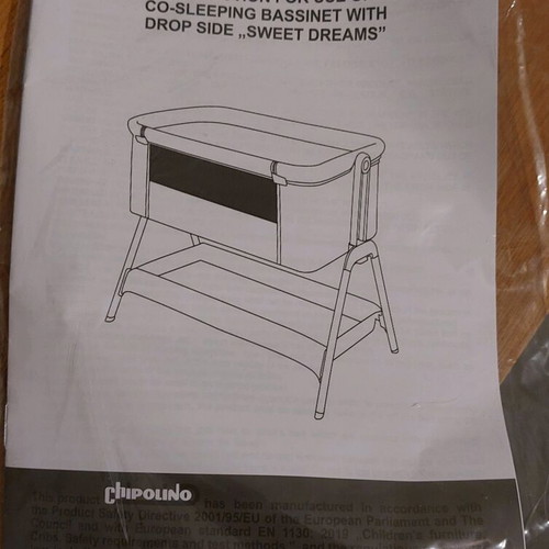 Chipolino gray baby cot used with Grecostrom mattress and mosquito net