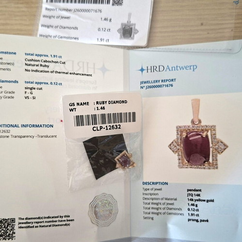 Pendant 14K gold with natural ruby and diamonds HRD Antwerp new