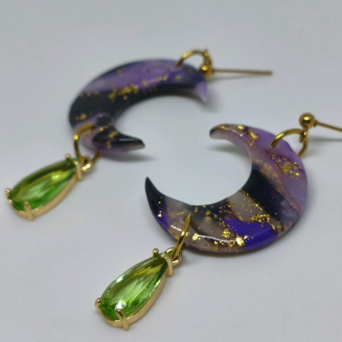 Moon earrings new, purple and gold