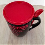  Κούπα για cappuccino με κουταλάκι και καπάκι/πιατάκι μαύρη - κόκκινη