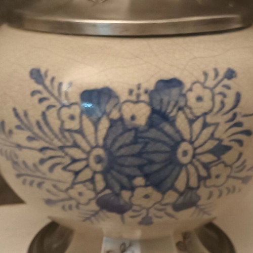 Vintage vase made of fine crackle porcelain and pewter like new