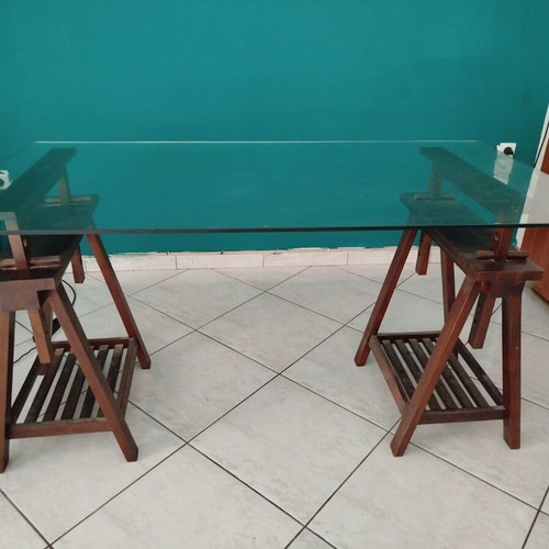 Desk with Glass Top on Two Sawhorses Like New