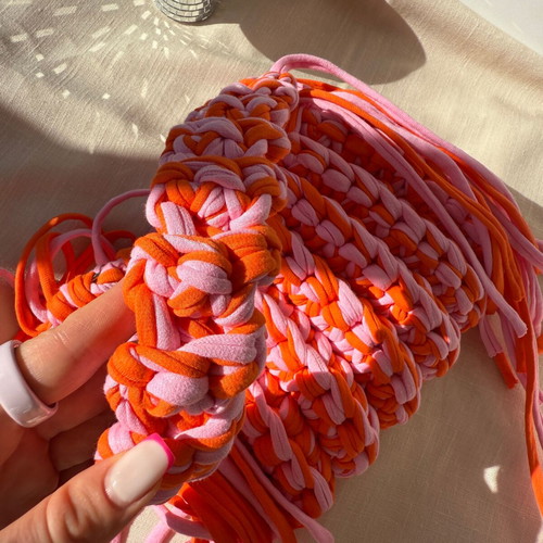 Handmade Crochet Fringe Bag new, pink and orange t-shirt yarn handbag