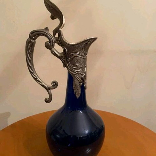 Art Nouveau carafe like new cobalt blue glass with silver-plated lid