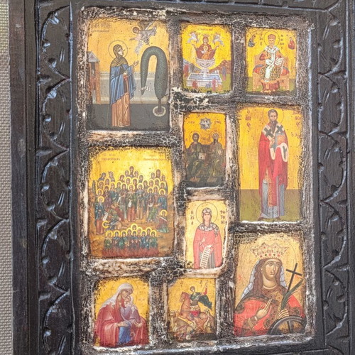 Vintage religious icon composition on carved wood, 33x26 cm