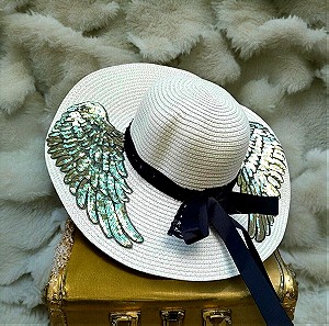 Γυναικείο Καπέλο Από Ψαθόχαρτο Με Μεγάλα Χρυσά Φτερά Με Αστραφτερές Πούλιες!