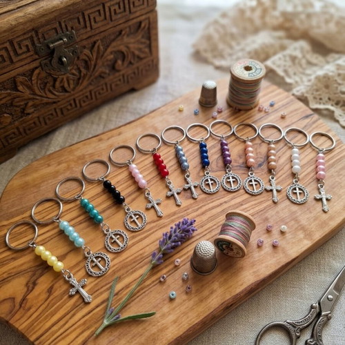 Set of 25 martyrika keychains with pearls and cross charms