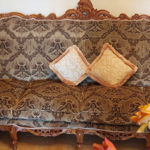 Ludovico living room set like new, sofa, 2 armchairs, 2 chairs, coffee table, 2 side tables, olive fabric