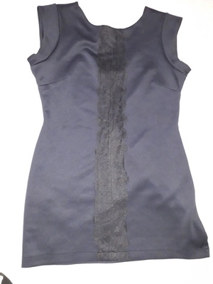 Box Now dress new, dark blue with black lace, zipper back, mini