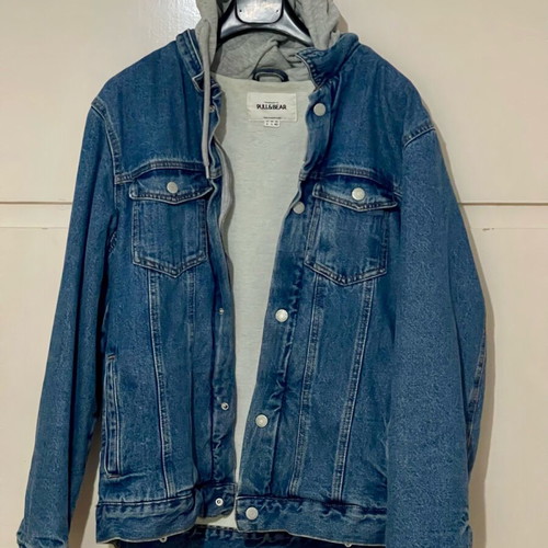 Pull & Bear men's denim jacket with hood like new, gray and blue