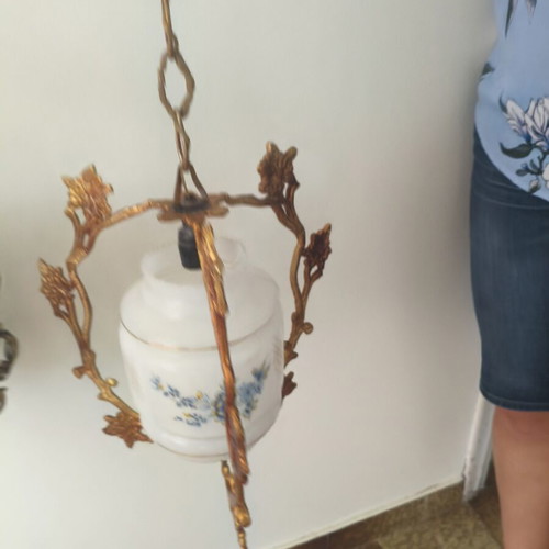 Vintage hanging ceiling lights, set of 2, brass and opaline
