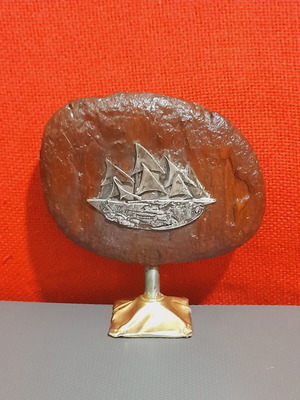 Handmade decorative ship in 925 silver on wood