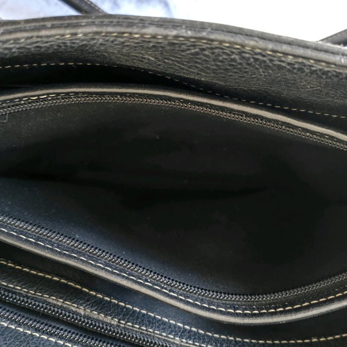 Leather shoulder bag used, black with ecru stitching