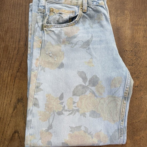Zara floral jeans new, size 44, low rise, blue and yellow