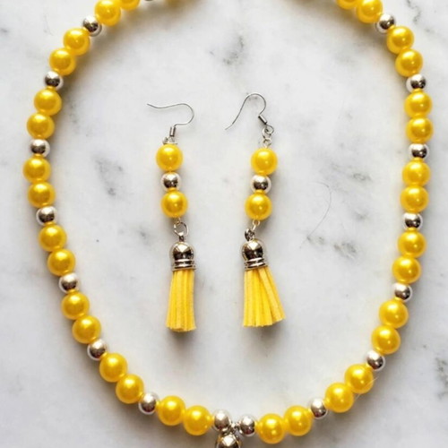 Handmade yellow beaded summer necklace and earrings set new