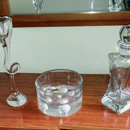 Bohemian crystals set of 3 like new by Zoulovits, bottle, candlestick and bowl