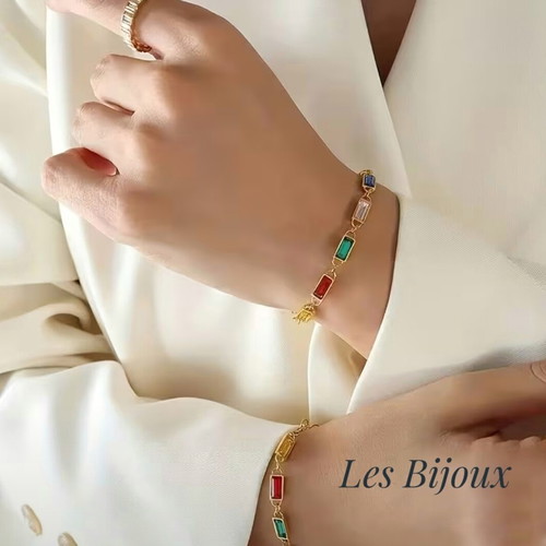 Steel Bracelet with Colorful Baguette Zirconia Gold Plated New