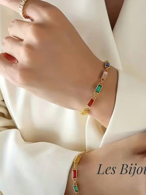Steel Bracelet with Colorful Baguette Zirconia Gold Plated New
