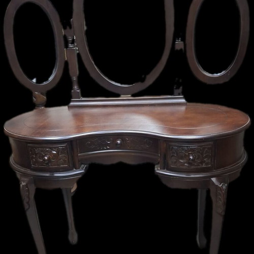 Antique dressing table in dark walnut with side rotating mirrors like new
