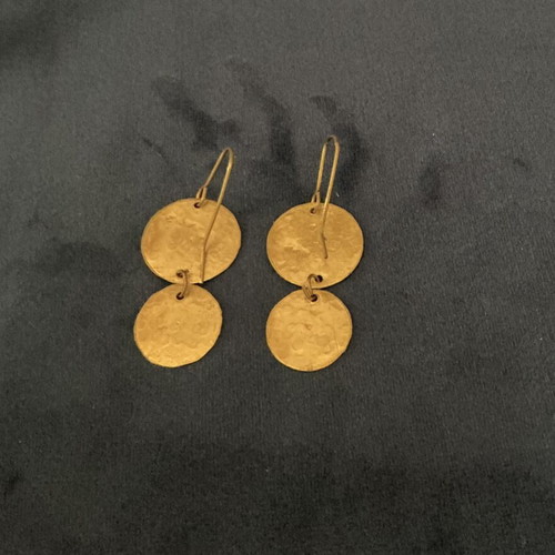 Handmade earrings in gold tone like new with purple enamel detail