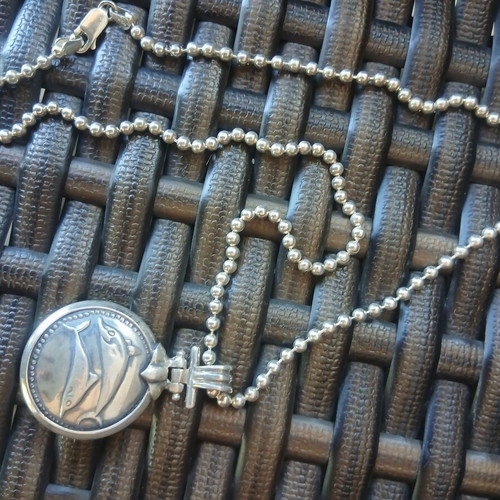 Vintage silver pendant with chain, double-sided, dolphins, 50cm chain