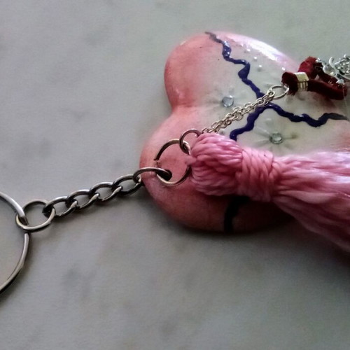 Handmade heart keychain new, pink and white