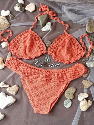 Handmade crochet Brazilian bikini set size small, new, watermelon color