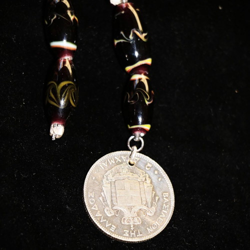 Begleri with 2 Drachma coin King George Murano crystals, silver, handmade