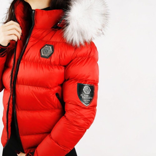 Luxury women's winter jacket with fur hood, new, red