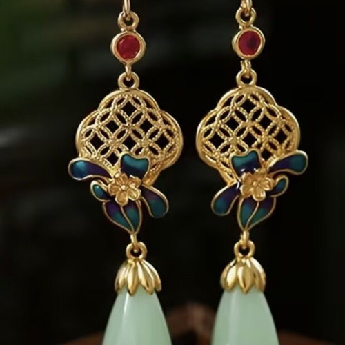 Oriental Chinoiserie Earrings with Jade Drop and Turquoise Enamel