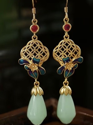 Oriental Chinoiserie Earrings with Jade Drop and Turquoise Enamel