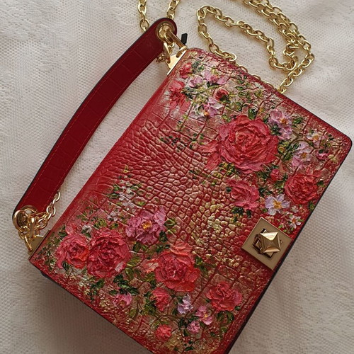 Leather crossbody bag red with hand-painted floral design new
