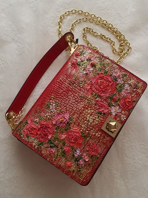 Leather crossbody bag red with hand-painted floral design new