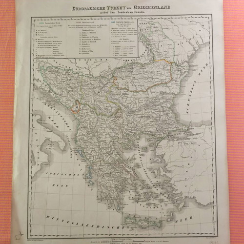 Vintage map of Greece 1848 used, European Turkey and Ionian Islands