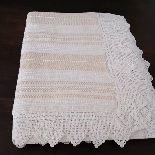 Handwoven Tablecloth with Handmade Lace, New, 2.40×1.90 m, Linen Cotton