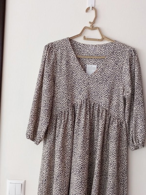 Pepco Mini Babydoll Dress XS, beige with black dots