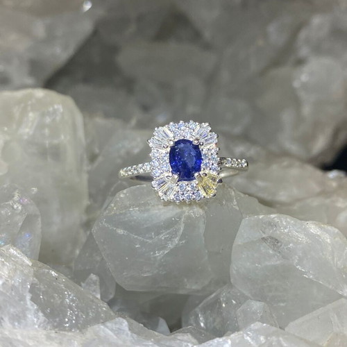 Handmade silver ring with natural blue sapphire and moissanites size 9
