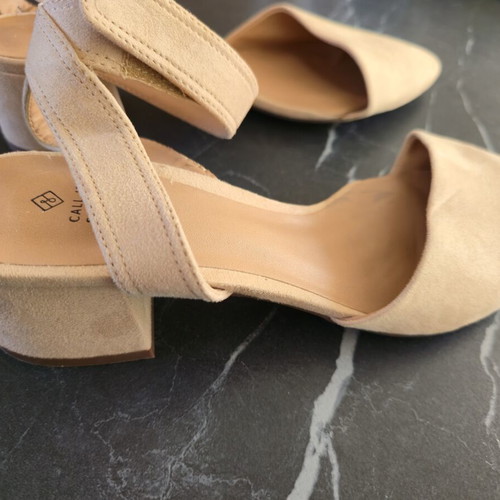 Call It Spring beige faux suede pumps with ankle strap, size 39