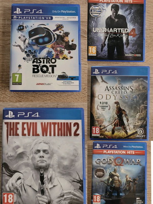 Astro Bot, The Evil Within 2, God of War, Uncharted 4, Assasins Creed Odyssey като нови за PlayStation 4