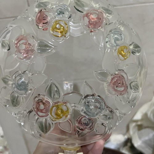 Vintage glass fondantière like new with embossed flowers and plastic handle