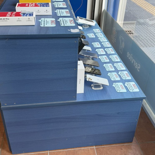 Display counter with storage cabinets used, blue MDF wood