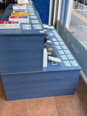 Display counter with storage cabinets used, blue MDF wood