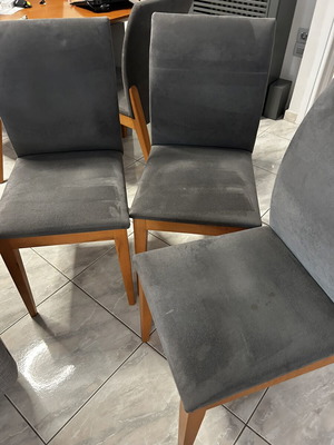 Dining Chairs set of 6 used, gray, solid wood and Alcantara, design Eleni Natsi