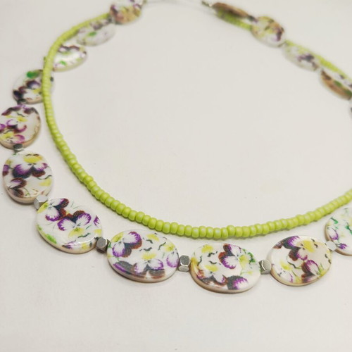 Double handmade necklace mother of pearl hematite stainless steel 40cm