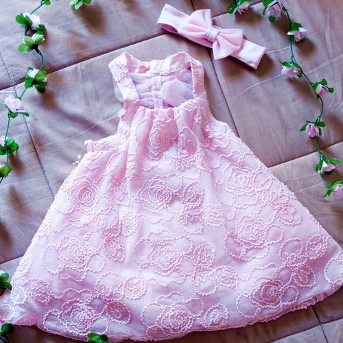 Liegelind pink baby dress with tulle and floral pattern, size 80